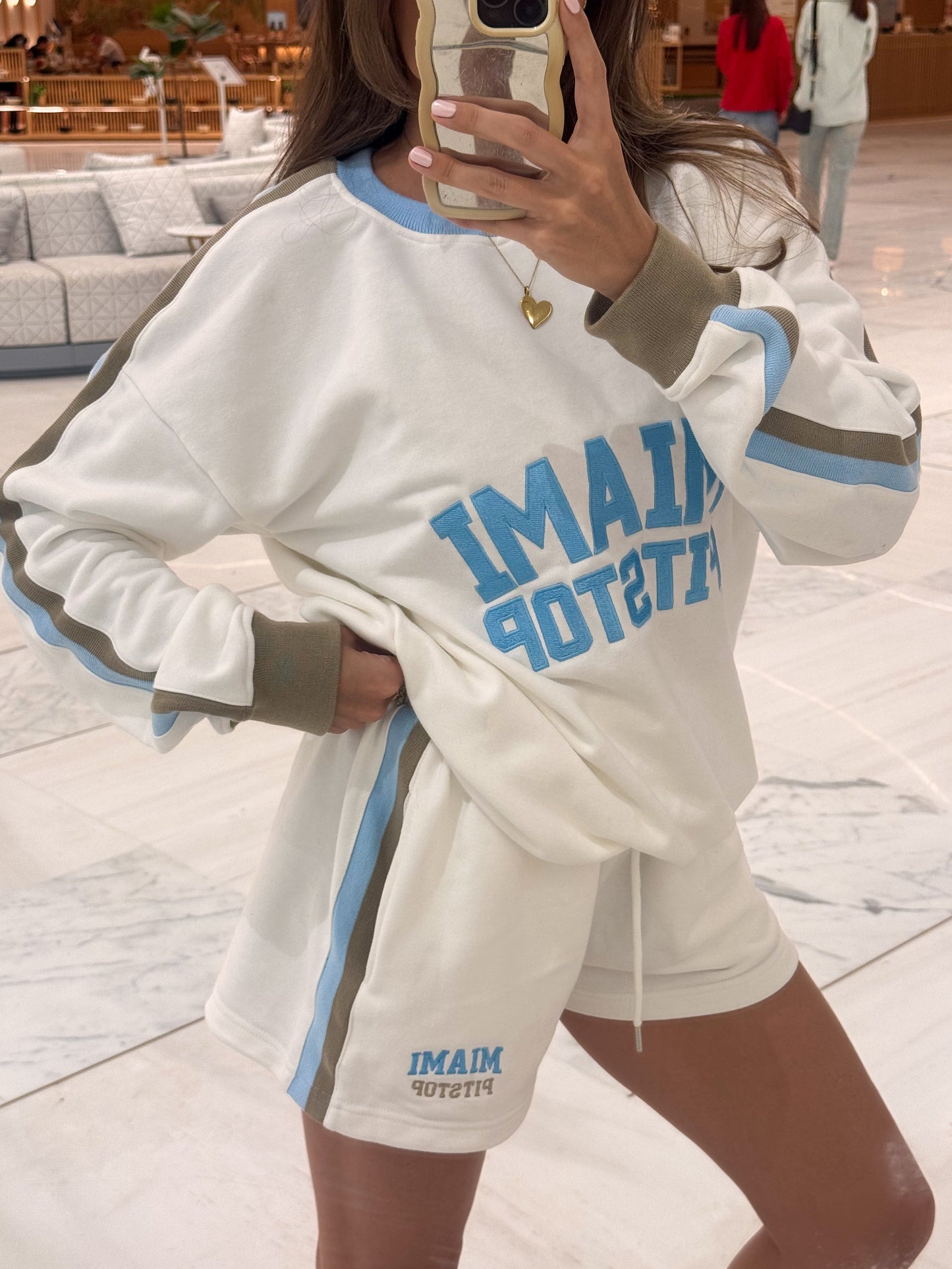 White Jumper Blue & Brown Stripe
